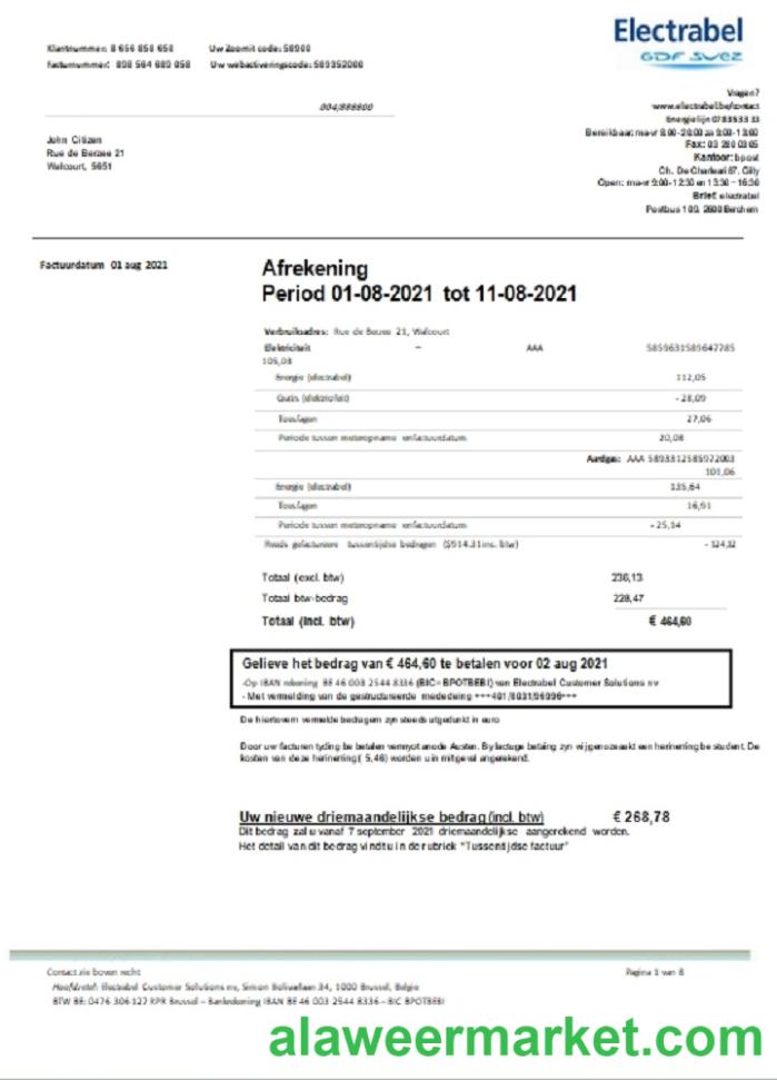 Belgium Electrabel electricity utility bill template, fully editable in Word and PDF format